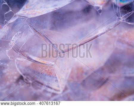 Extreme Close Up Soap Bubbles. Rainbow Gradient On Sides. Close-up View With Soft Focus. Macro Shot.