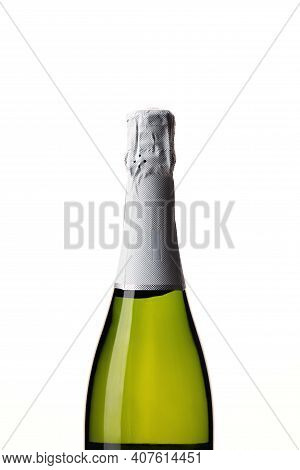 Neck Of Sparkling Wine Bottle On White. Top Of Champagne Bottle Isolated