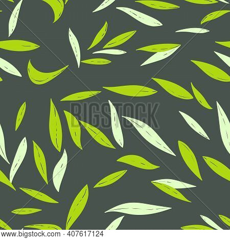 Floral Seamless With Hand Drawn Color Leaves.cute Autumn Background. Tropic Green Branches. Modern F