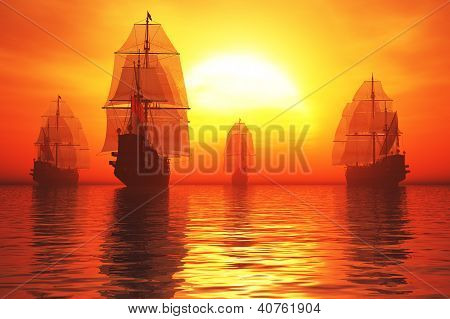 Stary pancernik floty na morzu w Sunset Sunrise 3D renderowania