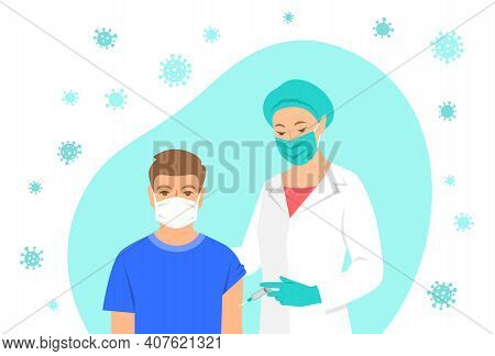 Female Doctor Or Nurse Gives Vaccine Shot To Shoulder Of Patient In Hospital. Doctor Using Syringe T