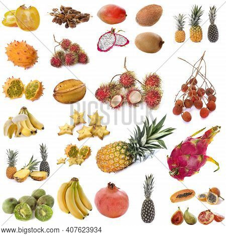 Composite Picture Of Exotic Fruits In Front Of White Background