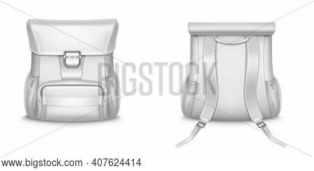 White Backpack, School Or Travel Rucksack In Front And Back View. Vector Realistic Mockup Of Blank L