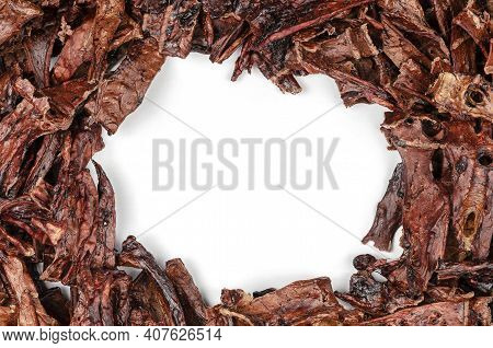 Natural Treats For Pets. Dried Beef Lungs With The Blank White Area. Full Frame Of Dried Treat Piece