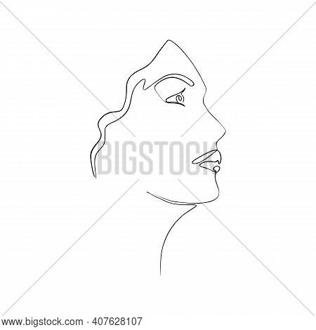 Abstract Portrait Of A Young Woman Is Drawn By One Line. Minimalistic Contour Silhouette. Vector Ill