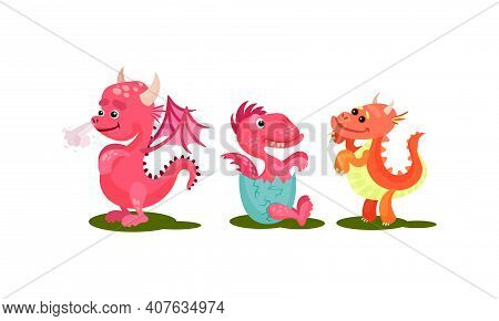 Little Baby Dragons As Fairy Winged Creatures Capable Of Breathing Fire Vector Set