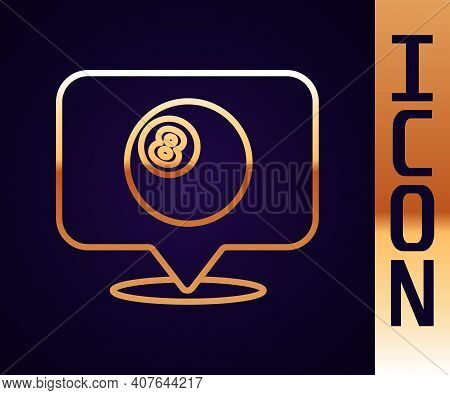 Gold Line Map Pointer With Billiard Pool Snooker Ball With Number 8 Icon Isolated On Black Backgroun