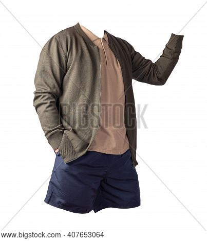 Men's  Dark Green Knitten Bomber Jacket,beige  Shirt And Dark Blue Sports Shorts Isolated On White B