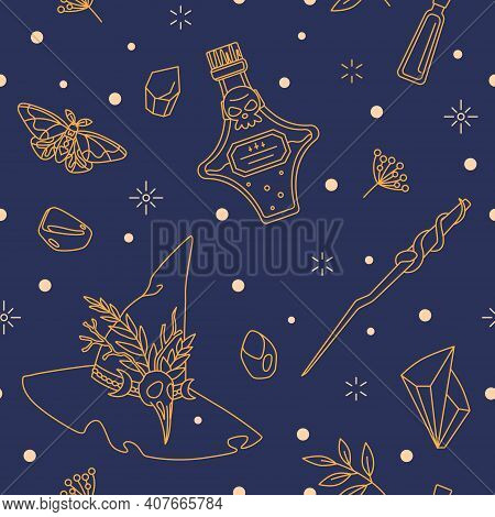 Ornament With Witch Hat, Potion Bottle And Magic Wand. Items Of Dark Witch - Textile, Wrapping Paper