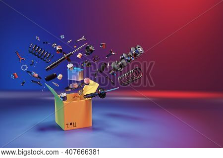 Many Spare Parts Flying Out Of The Box Gray Background. Isolated Auto Spare Parts On Gray Background