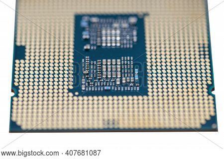 A Macro Photo Of A Modern Cpu Processor Under The Lga 1200 Socket On A Green Circuit Board, Isolated