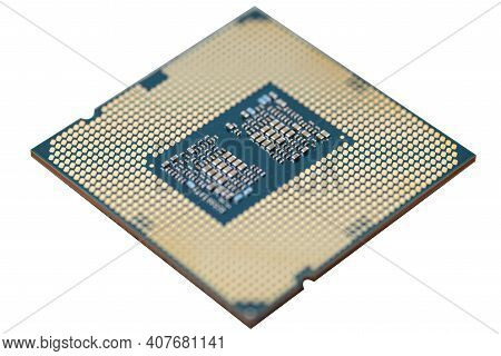 A Macro Photo Of A Modern Cpu Processor Under The Lga 1200 Socket On A Green Circuit Board, Isolated
