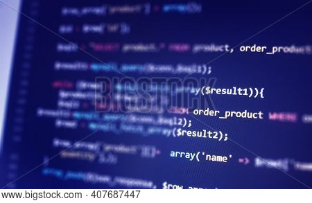 Software Development Monitor Screen Background. Developer Display With Source Code. Programming Conc