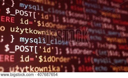 Software Development Monitor Screen Background. Developer Display With Source Code. Programming Conc