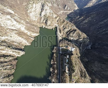 Aerial Panorama Of Dam Of Krichim Reservoir, Rhodopes Mountain, Plovdiv Region, Bulgaria