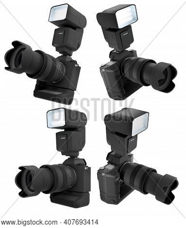 Concept Of Nonexistent Dslr Camera With Lens And External Flash Speedlight Isolated On White Backgro