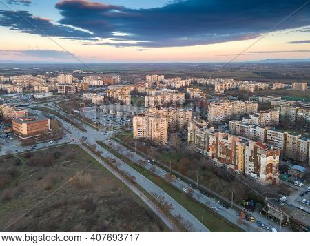 Plovdiv, Bulgaria - February 4, 2021: Aerial Sunset View Of Typical Residential Building From The Co