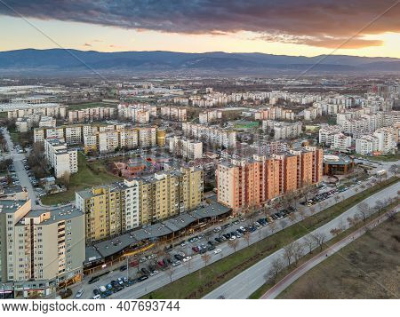 Plovdiv, Bulgaria - February 4, 2021: Aerial Sunset View Of Typical Residential Building From The Co
