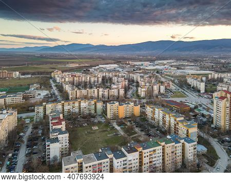 Plovdiv, Bulgaria - February 4, 2021: Aerial Sunset View Of Typical Residential Building From The Co