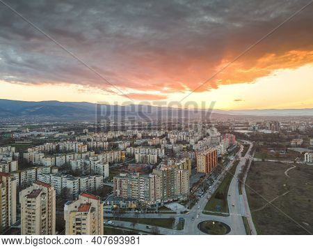 Plovdiv, Bulgaria - February 4, 2021: Aerial Sunset View Of Typical Residential Building From The Co