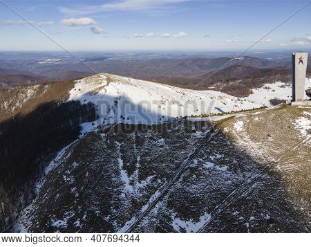 Buzludha, Bulgaria - January 24, 2021: Aerial View Of Abandoned Memorial House Of Bulgarian Communis