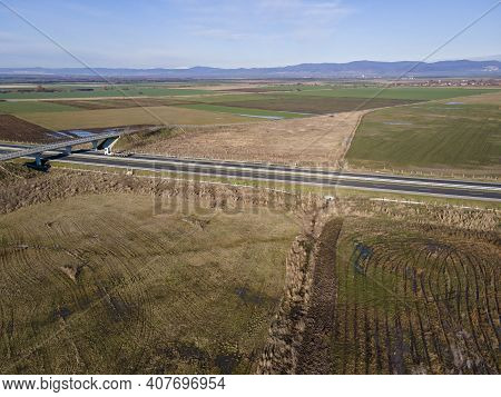 Aerial View Of Trakia Highway Passing Through Upper Thracian Plain Near City Of Stara Zagora, Bulgar