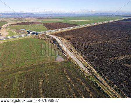 Aerial View Of Trakia Highway Passing Through Upper Thracian Plain Near City Of Stara Zagora, Bulgar
