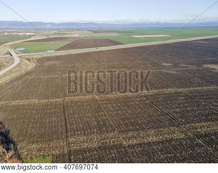 Aerial View Of Trakia Highway Passing Through Upper Thracian Plain Near City Of Stara Zagora, Bulgar