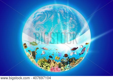 Conceptual Image Of World Ocean As A Planet Or Globe In Space. Environmental Protection Concept. Und