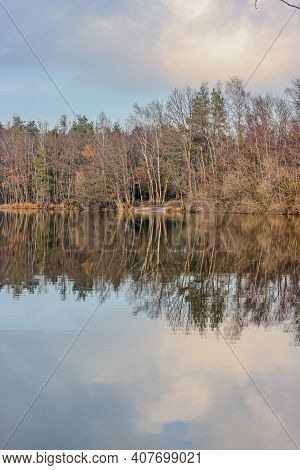 Lake Surrounded By Bare Trees With Reflection In The Water Surface In The Dutch Nature Reserve Dal V