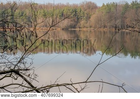 Close-up Of Branches Framing A Lake With Mirror Reflection On The Water Of The Surrounding Trees In 
