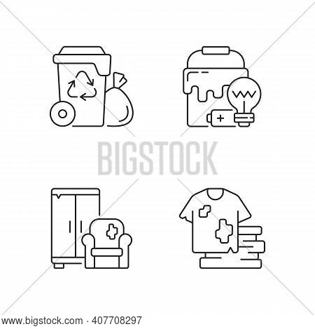 Garbage Disposal Linear Icons Set. Residential Waste Collection. Solid Materials. Bulky Refuse. Fash