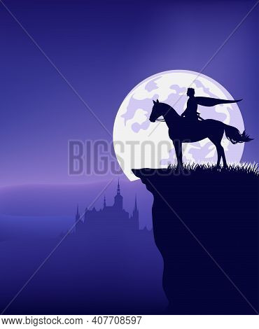 Medieval Fairy Tale Prince Riding Horse On Cliff Top Against Full Moon - Vector Night Scene With Fan
