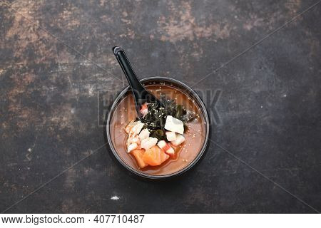 A Traditional Japanese Soup. A Misoshiru With Salmon And Seafood.