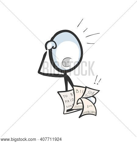 Bills To Pay. Vector Simple Choked Man In Debt With Pay Check. Stickman No Face Clipart Cartoon. Han