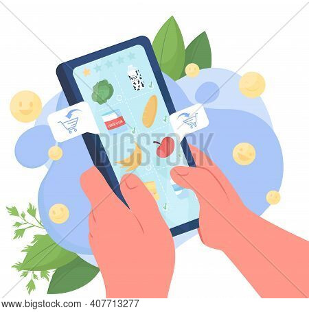 Food Delivery Application Flat Concept Vector Illustration. Ordering Groceries Right To Your Home Du
