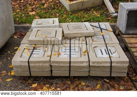 A Pallet Of Lids For Reinforced Concrete Square Box Culverts On A Construction Site In North East It