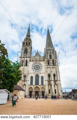CHARTRES, FRANCE - CIRCA JUNE 2020: Chartres Cathedral, also called Cathedral of Our Lady of Chartres. High resolution vertical panorama.