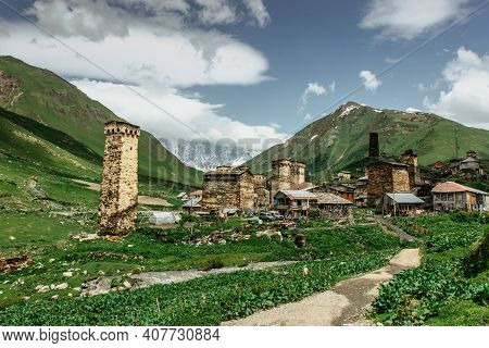 Rural Stone Tower Houses In Ushguli,georgia. Unesco Site. Exploring The Greater Caucasus Mountains.p