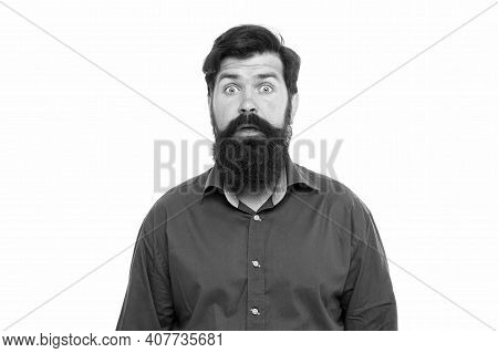 Feeling Good Unshaven Hair. Surprised Hipster Isolated On White. Bearded Man With Unshaven Face Skin