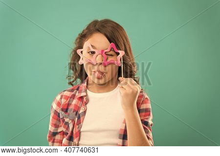 Feeling Playful. Showing Tonue In Glasses. Small Girl Prefect Casual Fashion. Happy Kid In Funny Par