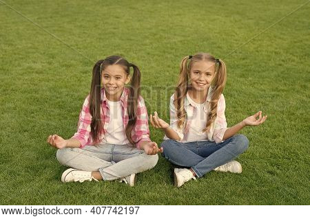 Stay Optimistic. Sisterhood And Friendship. Cheerful Schoolgirls On Sunny Day. Girl Ponytails Hairst