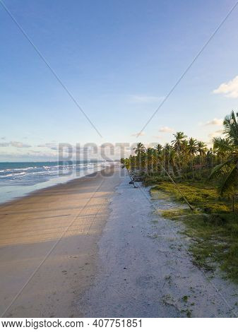Drone Aerial View Of Deserted Tropical Beach In Ilheus Bahia Brazil.