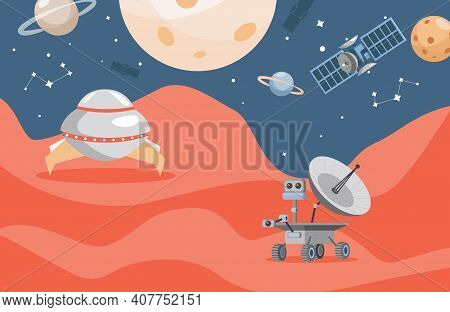 Planet Exploration Vector Flat Poster Concept. Mars Rover On Red Planet Surface, Space Exploring, Sc