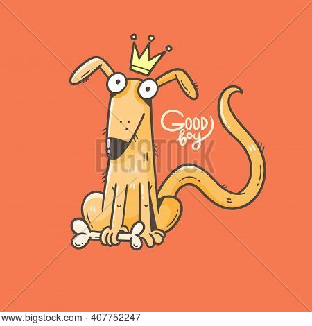 Card With Cute Cartoon Dog. Funny Puppy And Bone. Good Boy. Vector Print With Joyful Animal.