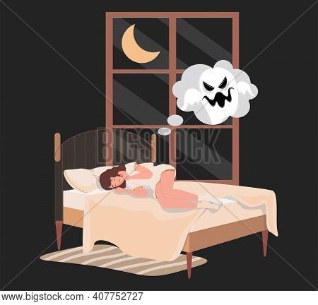 Young Woman Lying In Bed At Night And Has Nightmare With Ghost Vector Flat Illustration. Tired Woman