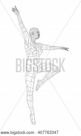 Wireframe Ballerina Or Dancer In Dance Pose. Vector 3d Rendering