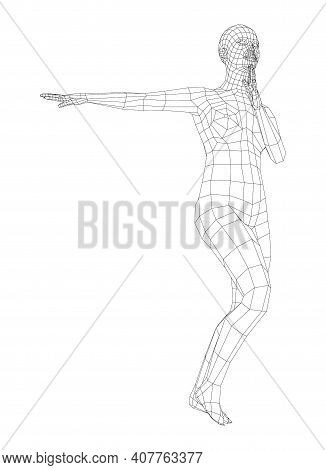 Wireframe Ballerina Or Dancer In Dance Pose. Female Dancing Salsa. Vector 3d Rendering
