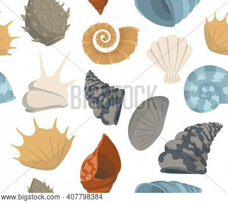Trendy summer texture concept with sea shells seamless pattern. Travel marine background. Perfect for greetings, invitations, manufacture wrapping paper, textile and web design