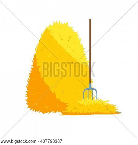Haystack isolated on white background. Flat  illustration dried haystack with fork. Farming haymow bale hayloft, agricultural rural haycock